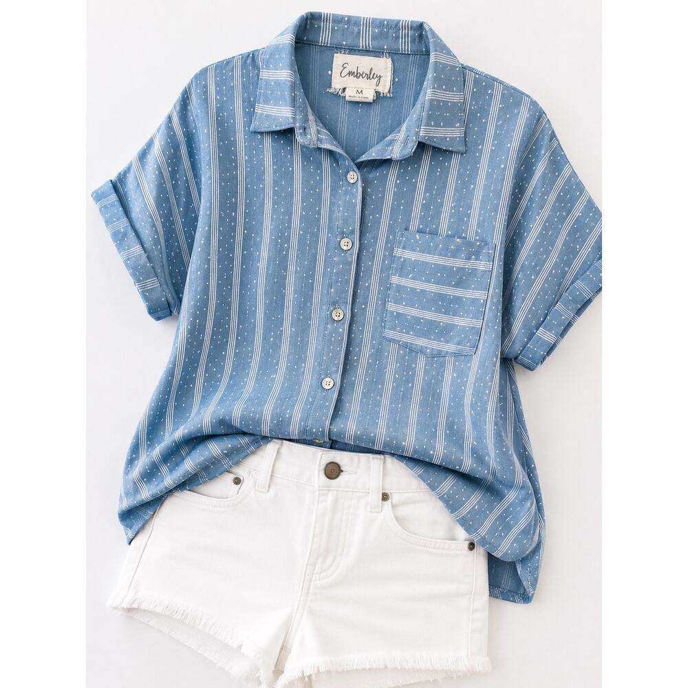 EMBERLEY Blue Striped Polka Dot Button Front Blouse Top Cottagecore | Medium